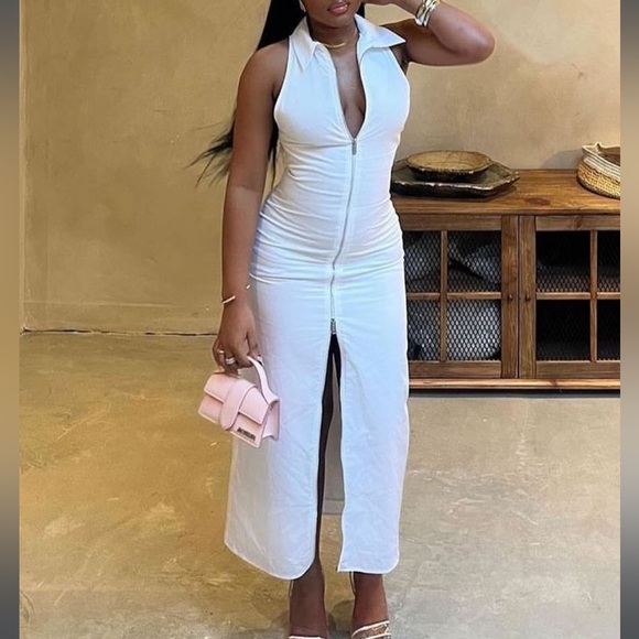 Zara NWT midi gabardine white zipper front collared dress - Picture 3 of 9